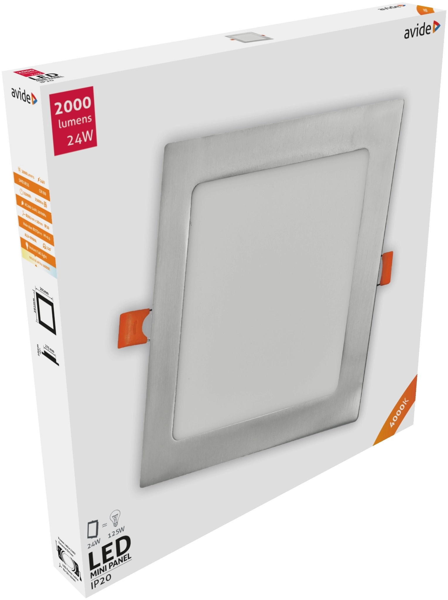 Avide LED Beépíthető Négyzetes Mennyezeti Lámpa ALU Szatén Nikkel 24W NW 4000K