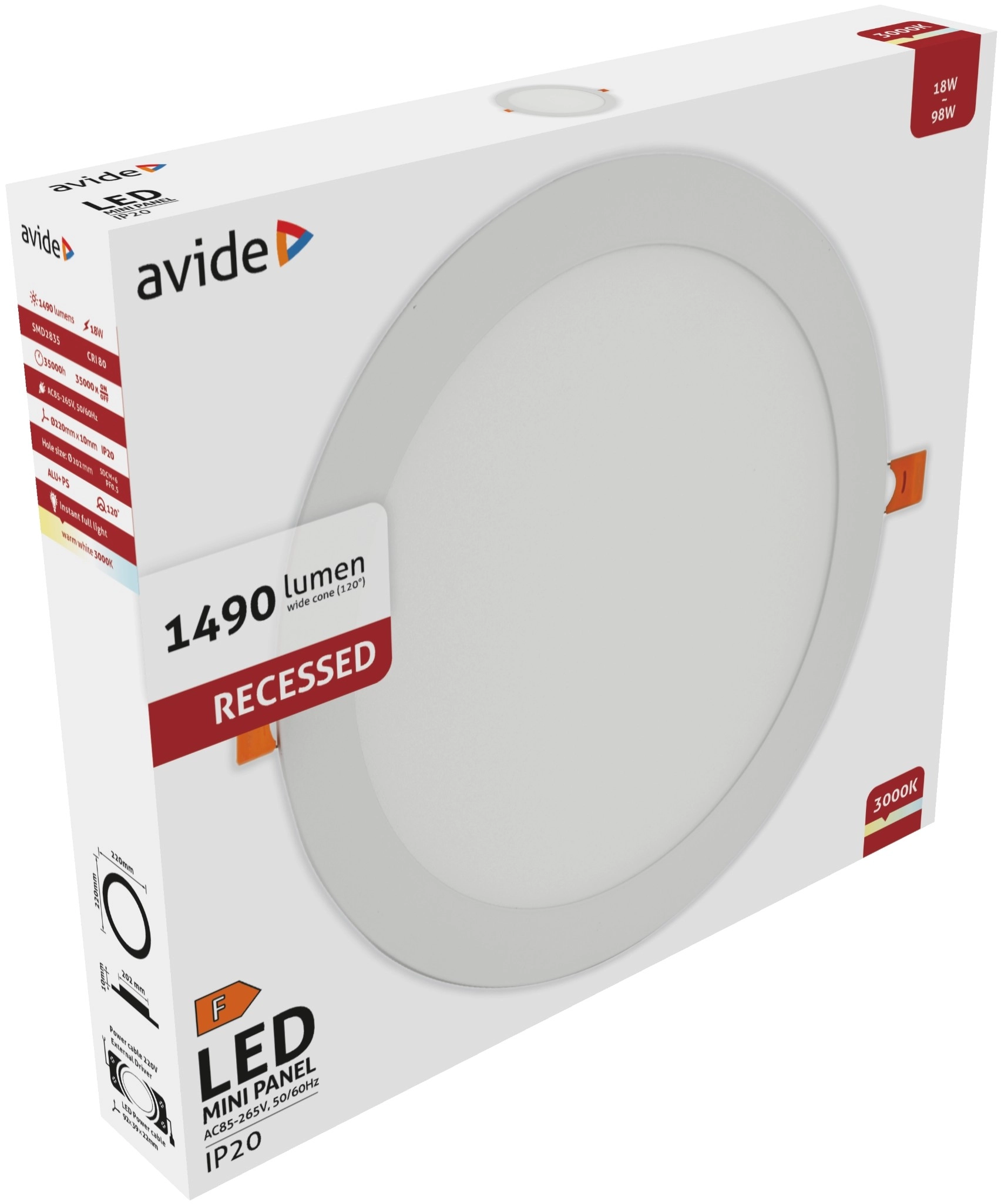 Avide LED Beépíthető Kerek Mennyezeti Lámpa ALU 18W WW 3000K