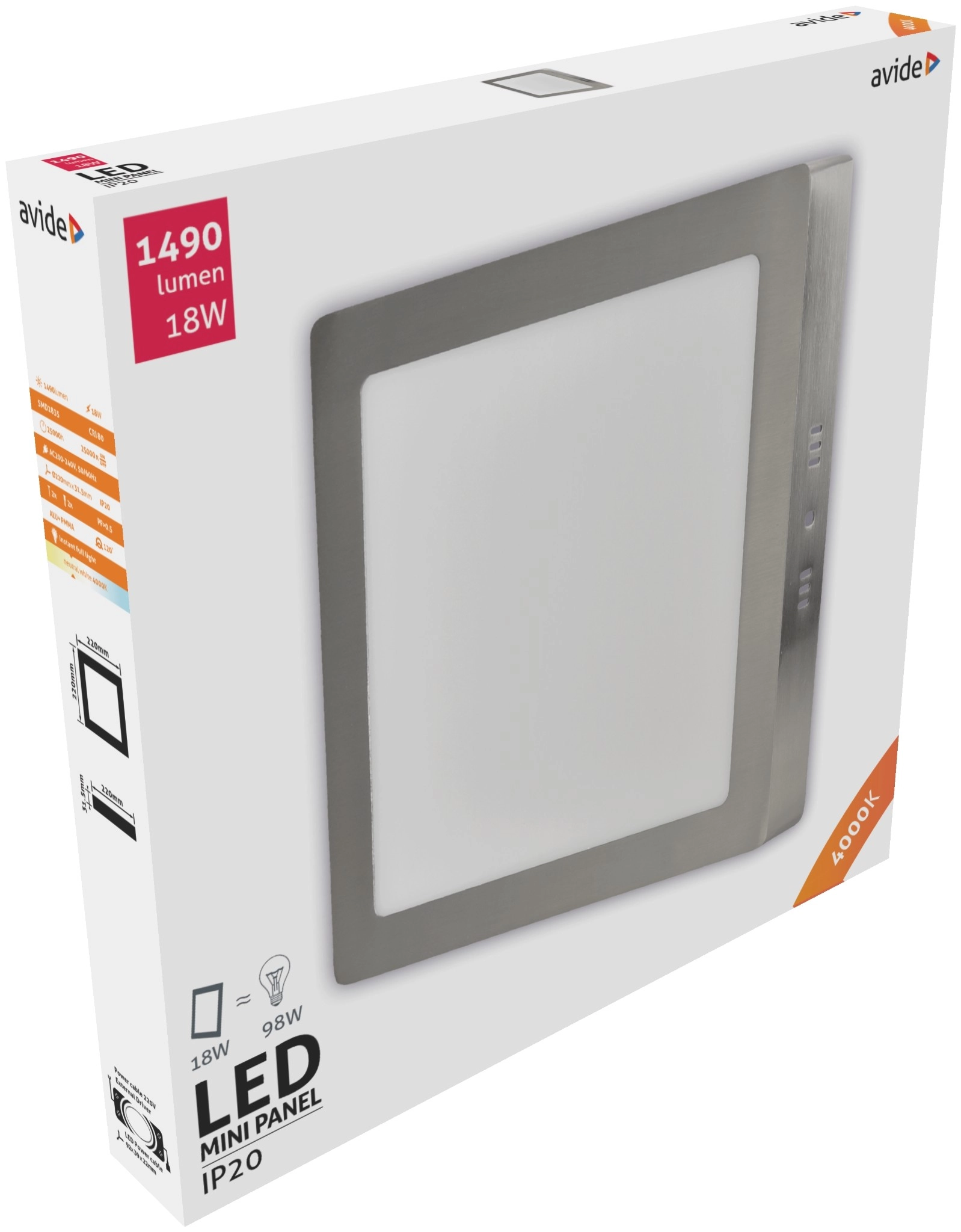 Avide LED Falra Szerelhető Négyzetes Mennyezeti Lámpa ALU Szatén Nikkel 18W NW 4000K