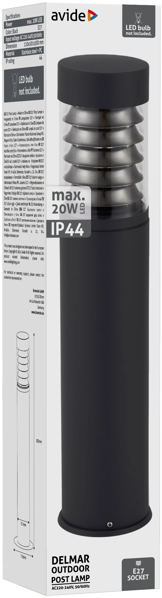 Avide kültéri álló lámpa Delmar 1xE27 500mm IP44 Fekete