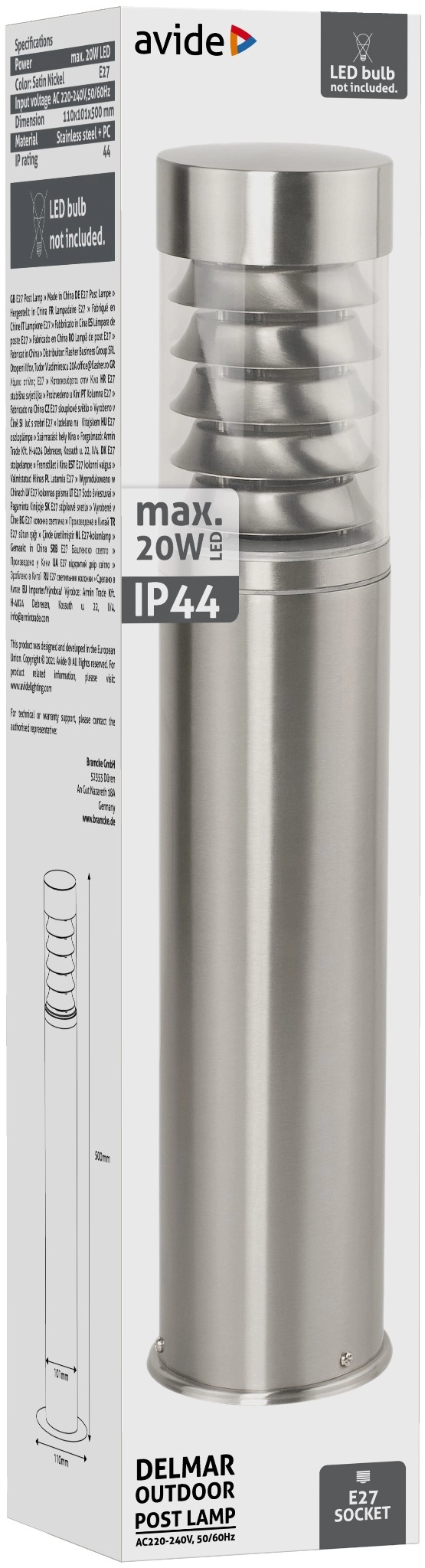 Avide kültéri álló lámpa Delmar 1xE27 500mm IP44 Szatén Nikkel