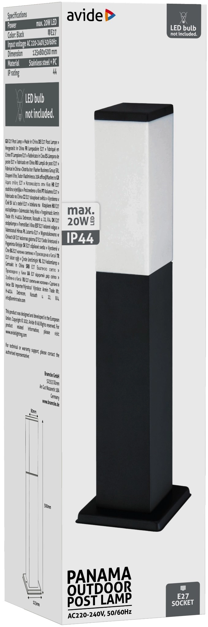 Avide kültéri álló lámpa Panama 1xE27 500mm IP44 Fekete