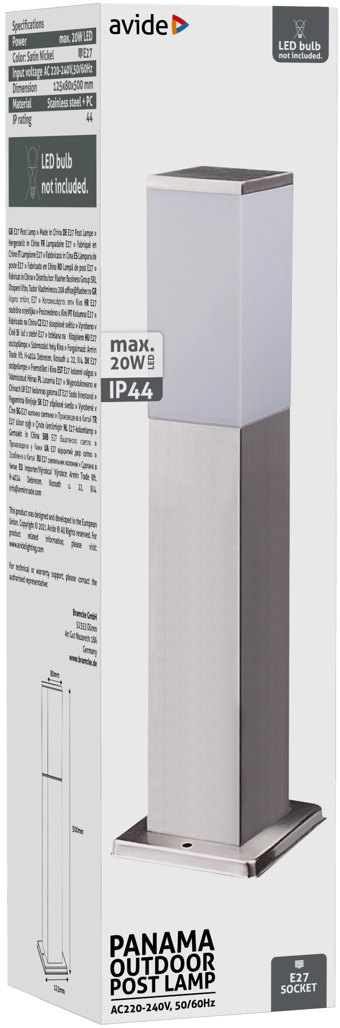 Avide kültéri álló lámpa Panama 1xE27 500mm IP44 Szatén Nikkel