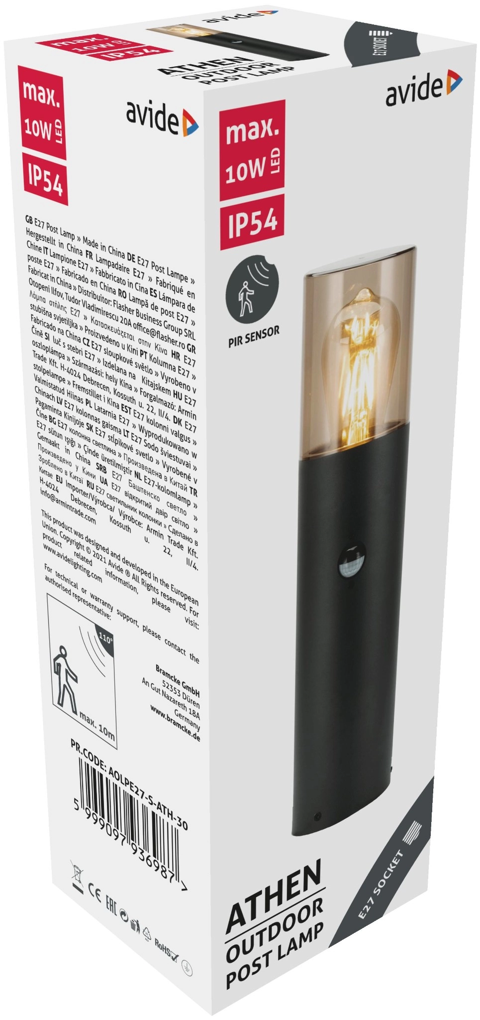 Avide kültéri álló lámpa Athen 1xE27 PIR 300mm IP54