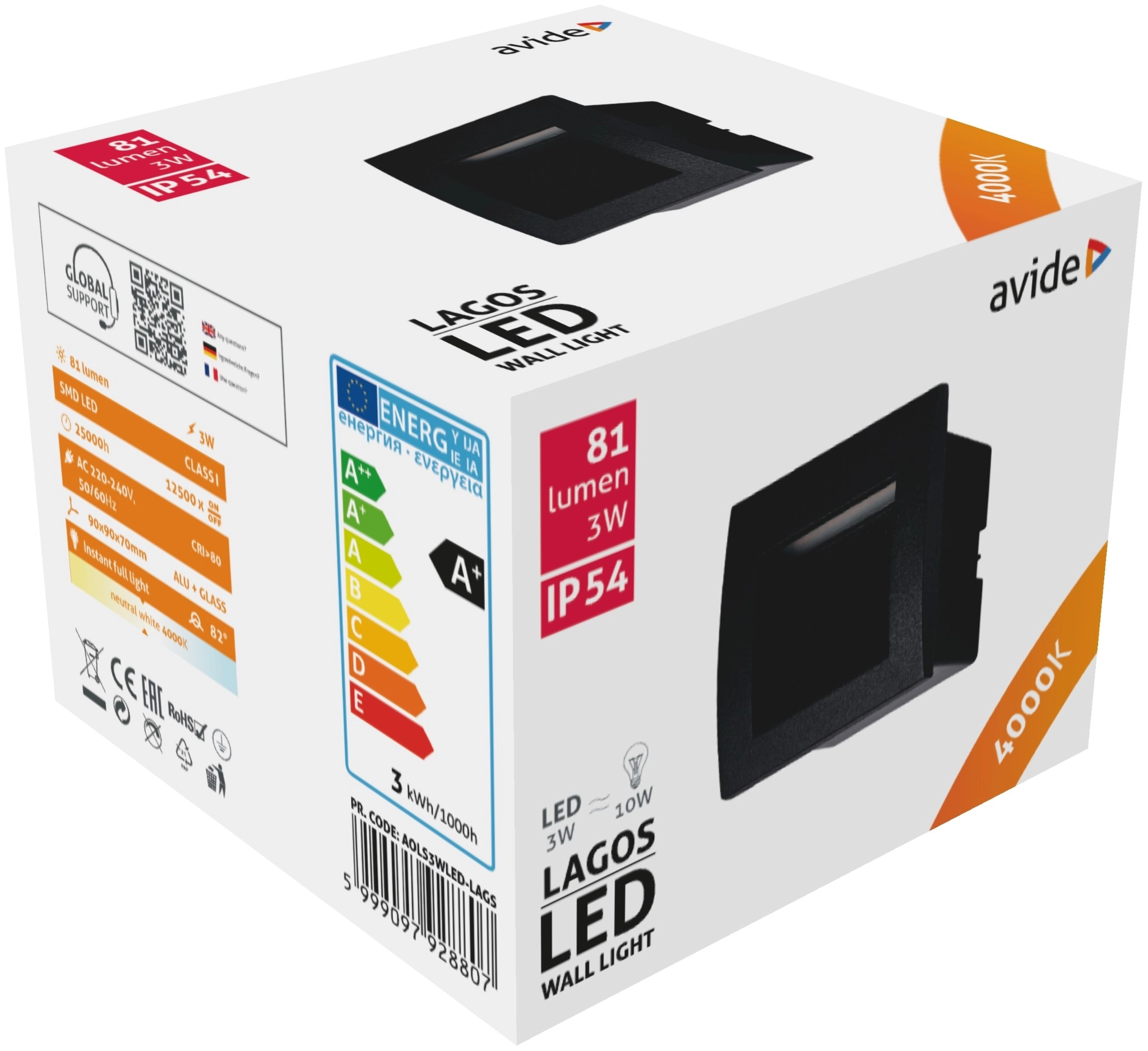 Avide kültéri lépcső lámpa beépíthető Lagos LED 3W NW IP54 9cm