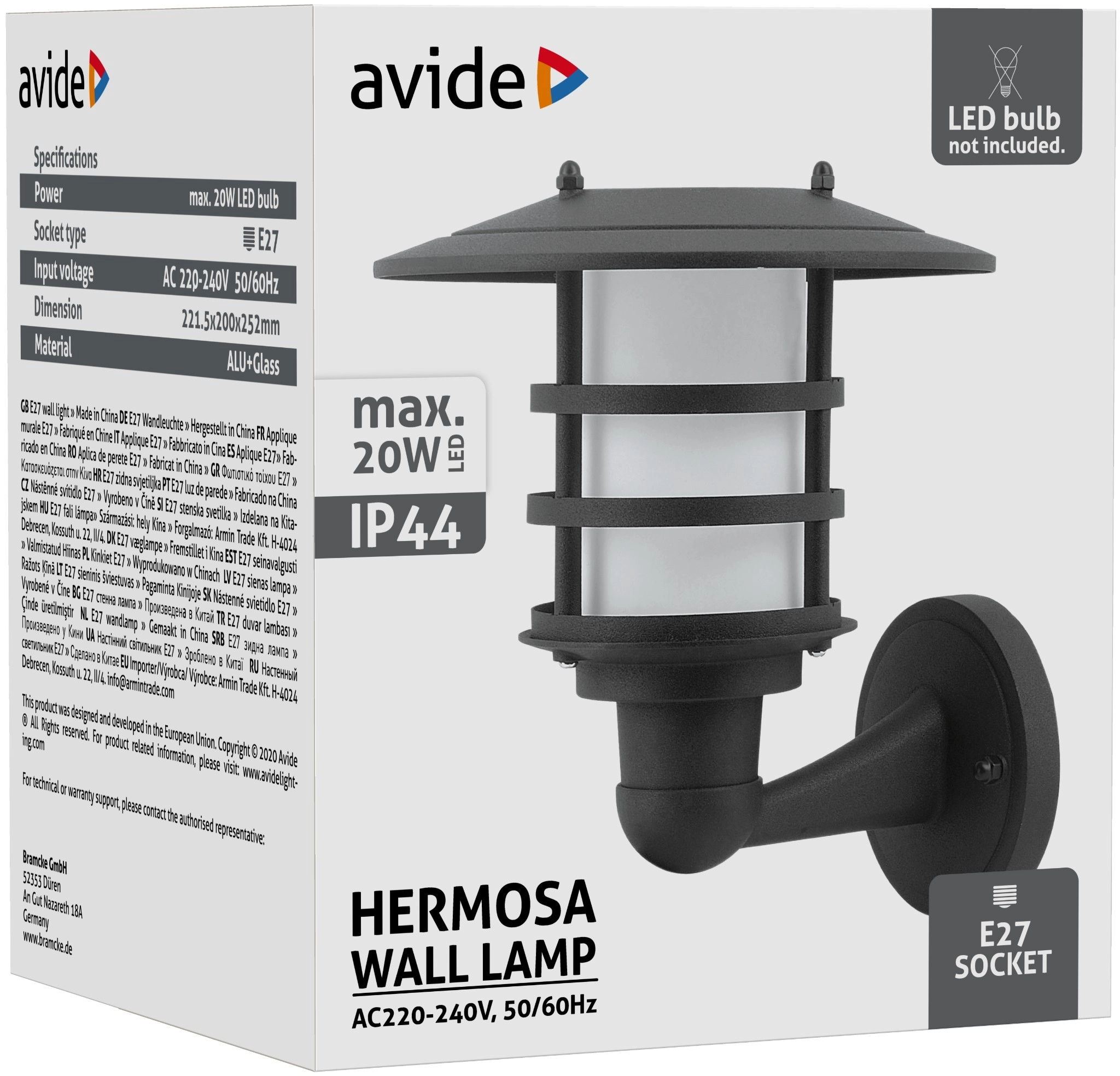 Avide kültéri fali lámpa Hermosa 1xE27 IP44 fekete