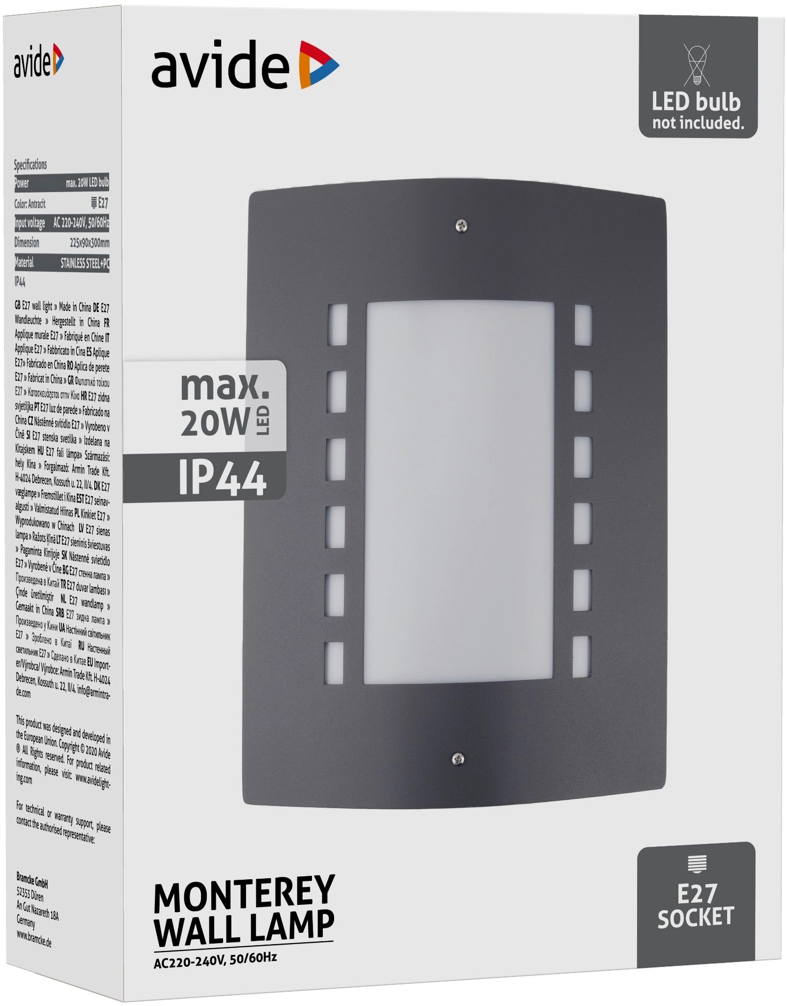 Avide kültéri fali lámpa Monterey 1xE27 IP44 Antracit