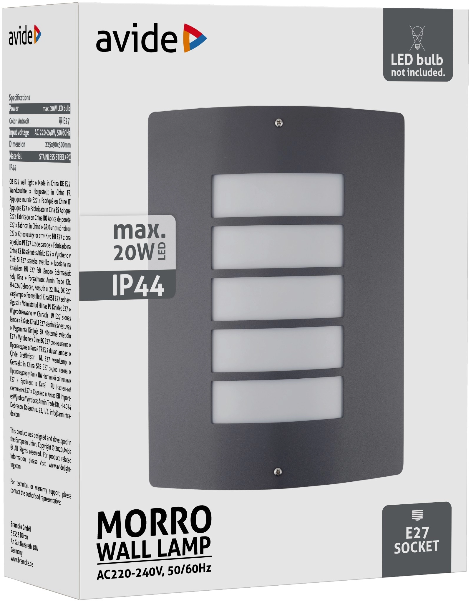 Avide kültéri fali lámpa Morro 1xE27 IP44 Antracit