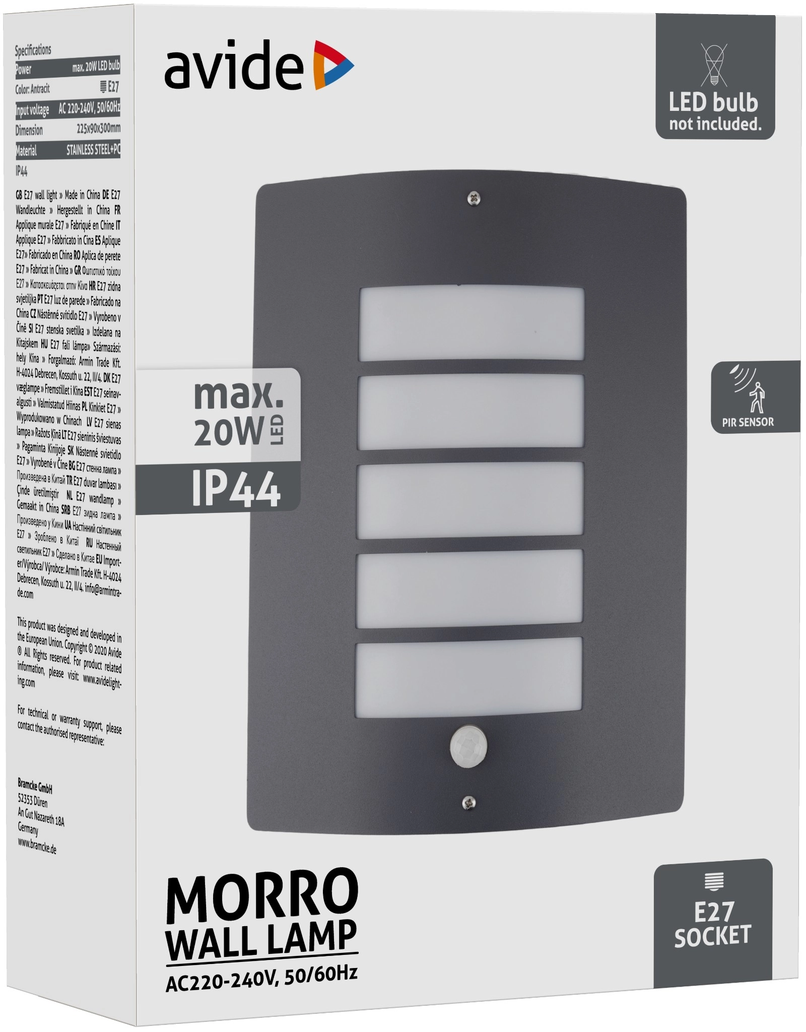 Avide kültéri fali lámpa Morro 1xE27 MOZGÁSÉRZÉKELŐVEL IP44 Antracit