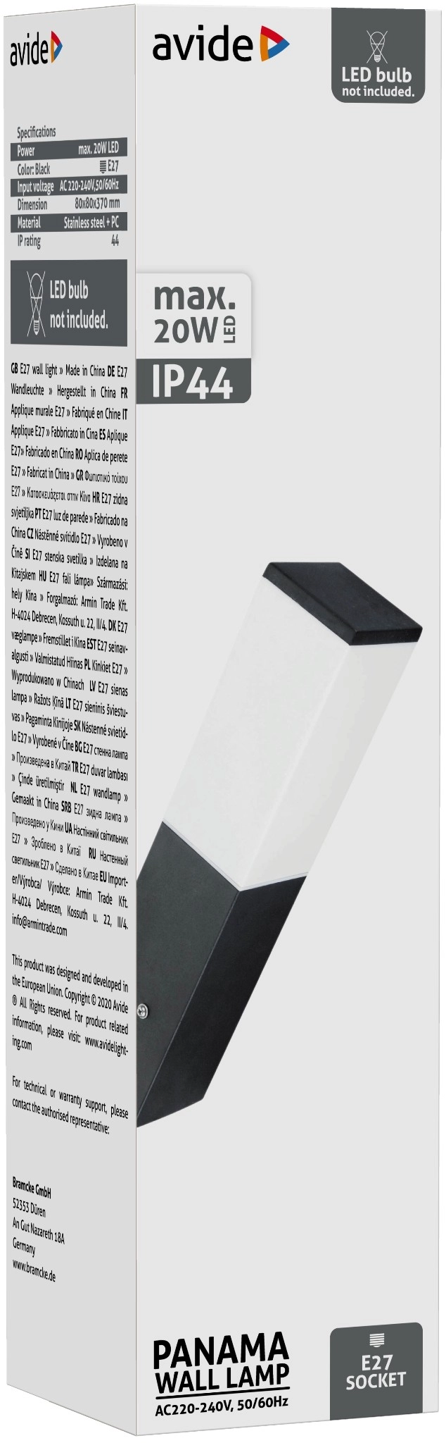 Avide kültéri fali lámpa Panama 1xE27 IP44 Fekete