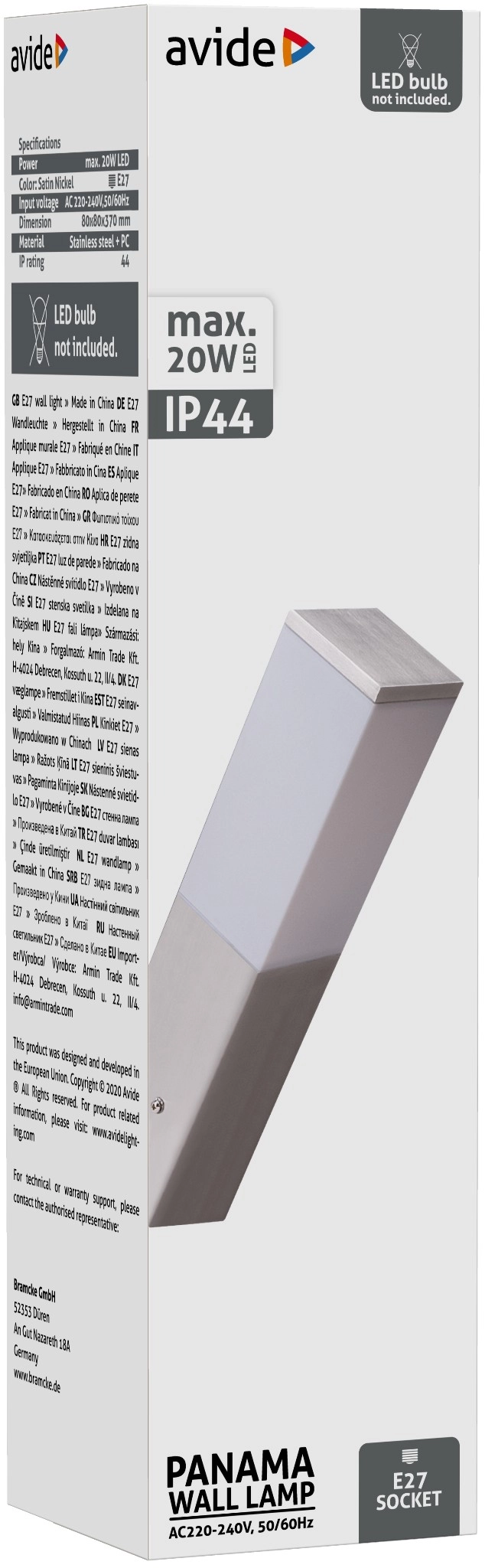 Avide kültéri fali lámpa Panama 1xE27 IP44 Szatén Nikkel