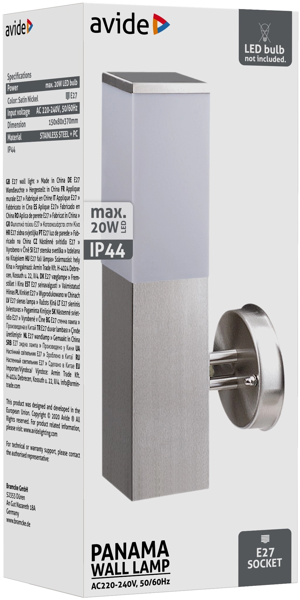 Avide kültéri fali lámpa Panama 1xE27 IP44 Szatén Nikkel