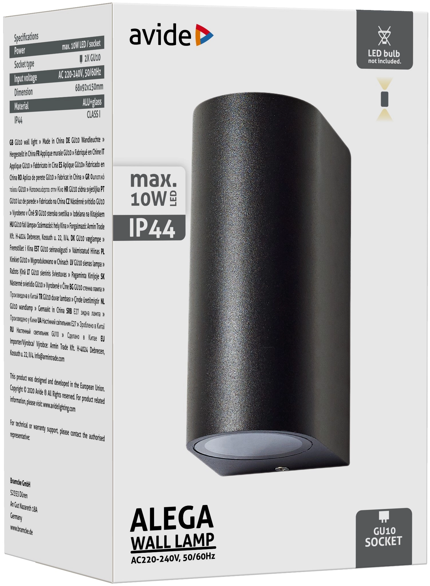 Avide kültéri fali lámpa Alega 2xGU10 IP44 Fekete