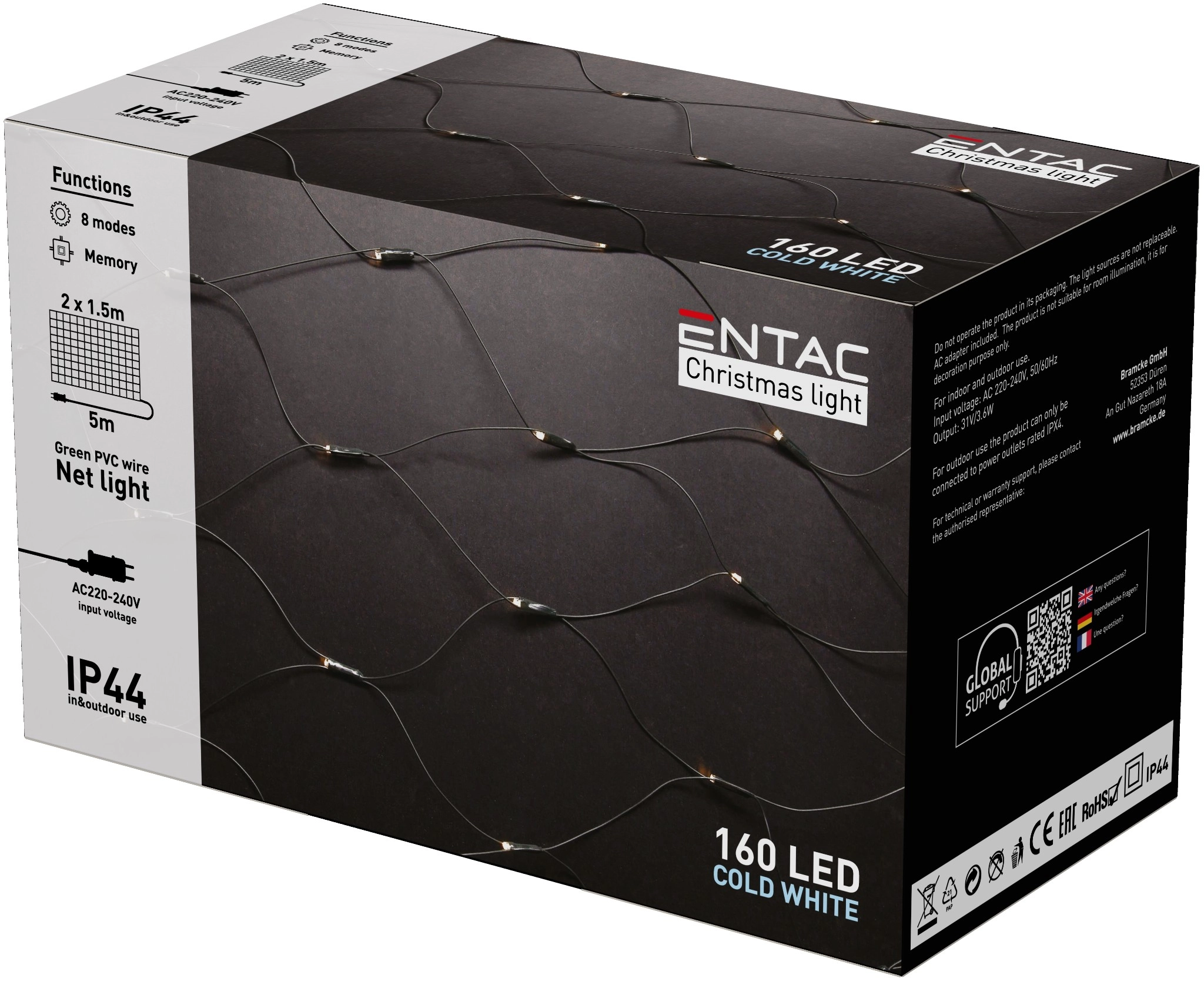 Entac Karácsonyi IP44  Háló 160 LED 2m x 1,5m CW ECL-NET-160-CW