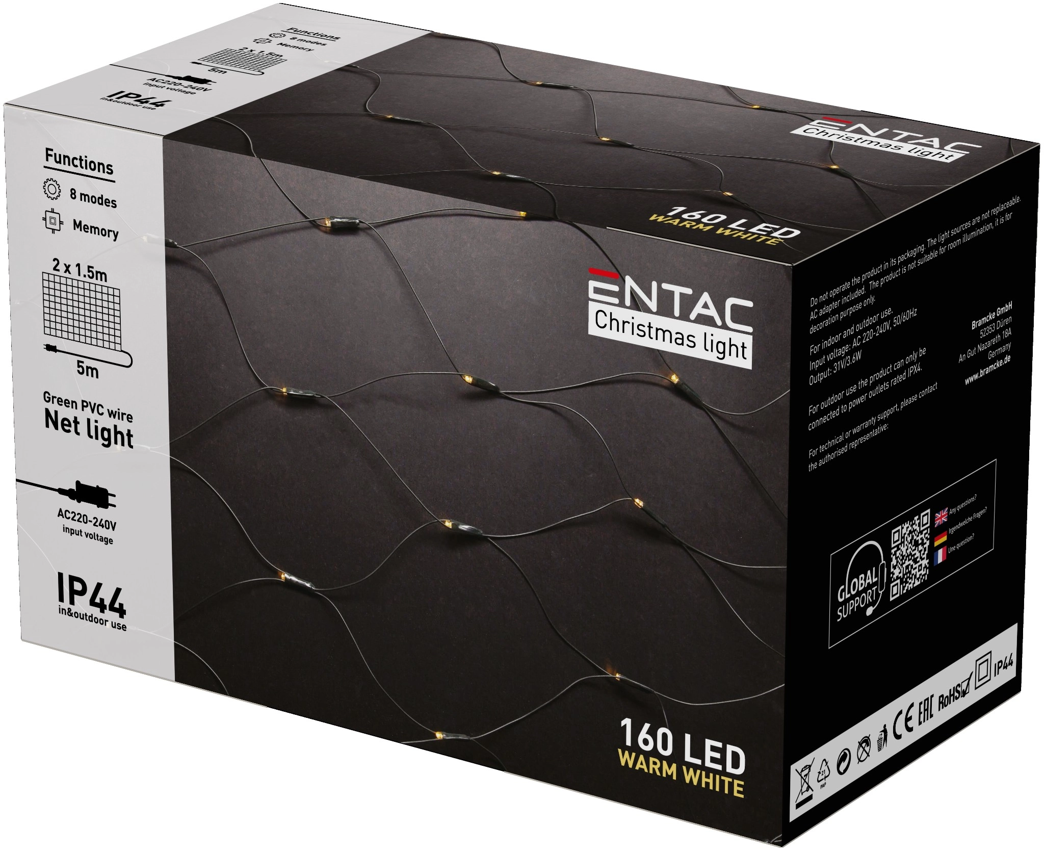 Entac Karácsonyi IP44  Háló 160 LED 2m x 1,5m WW ECL-NET-160-WW