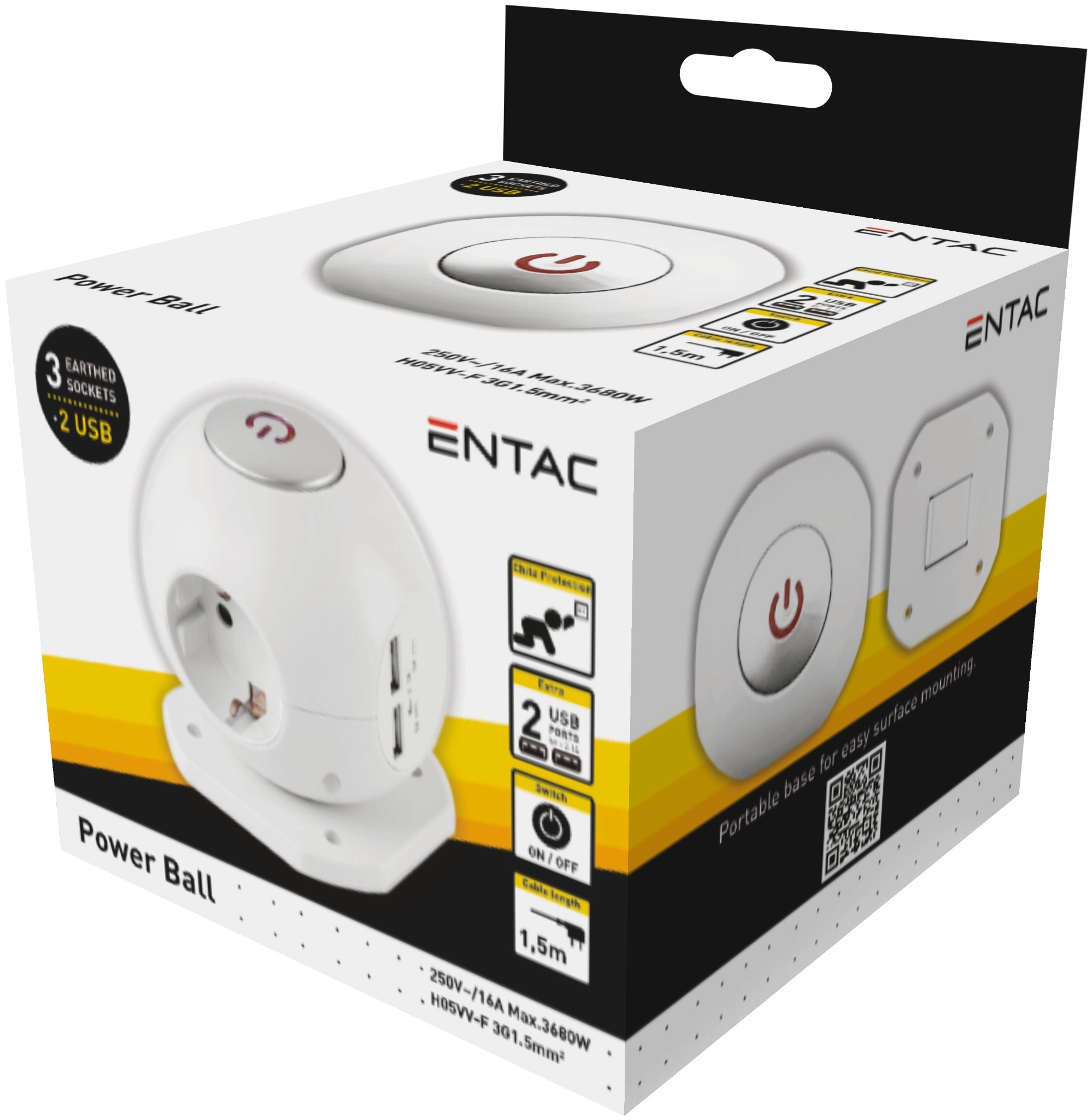 Entac Gömb Elosztó 3 foglalattal, 2×2.1A USB-vel kapcsolóval 1.5m 3G1.5 ESC1.5G3-USB-GLOBE