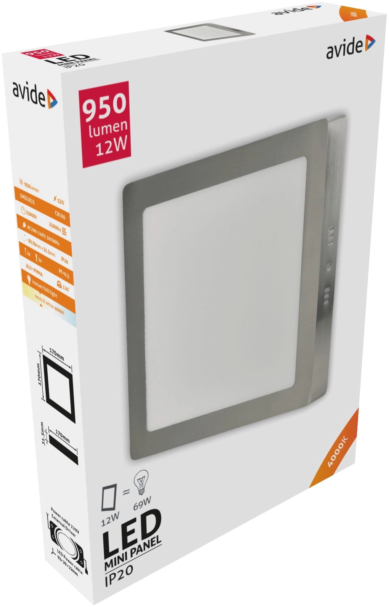 Avide LED Falra Szerelhető Négyzetes Mennyezeti Lámpa ALU Szatén Nikkel 12W NW 4000K