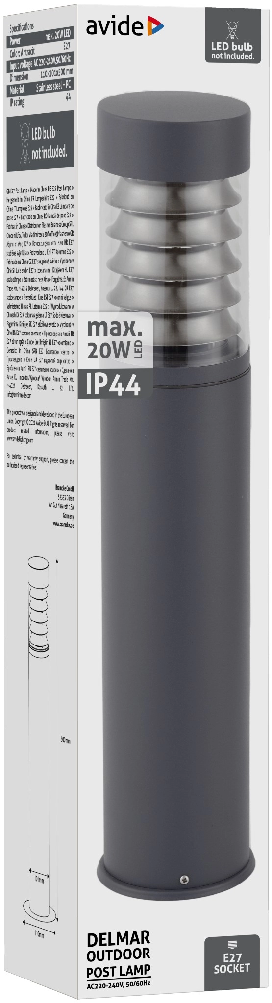 Avide kültéri álló lámpa Delmar 1xE27 500mm IP44 Antracit