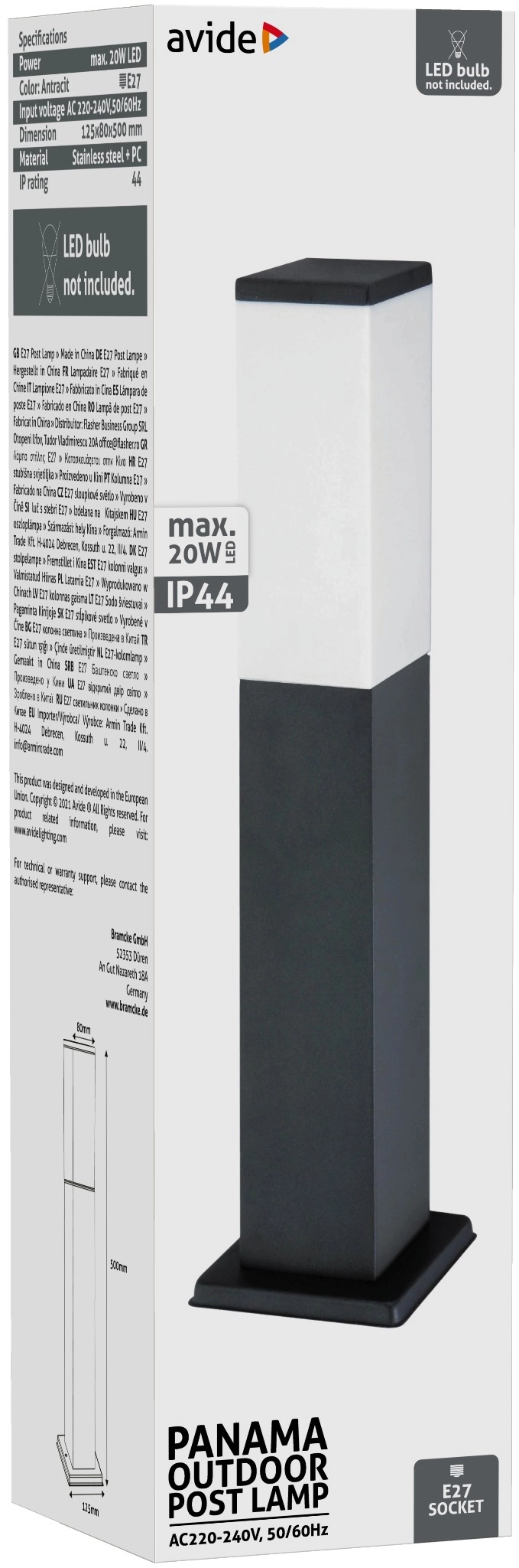 Avide kültéri álló lámpa Panama 1xE27 500mm IP44 Antracit