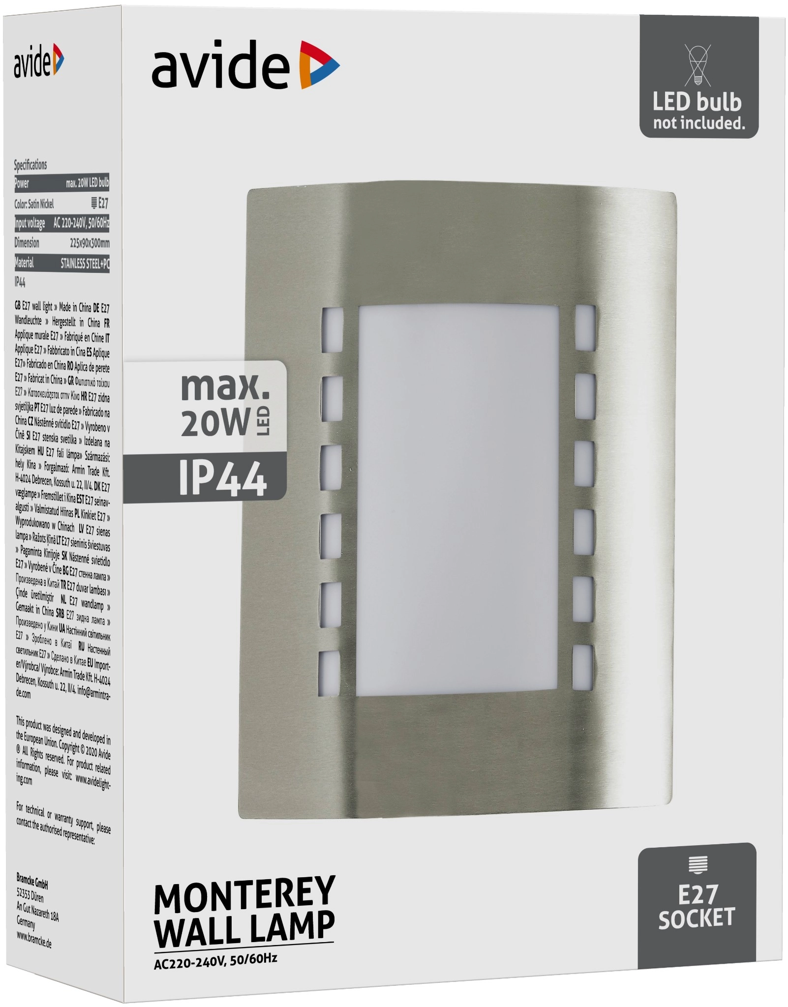 Avide kültéri fali lámpa Monterey 1xE27 IP44 Szatén Nikkel