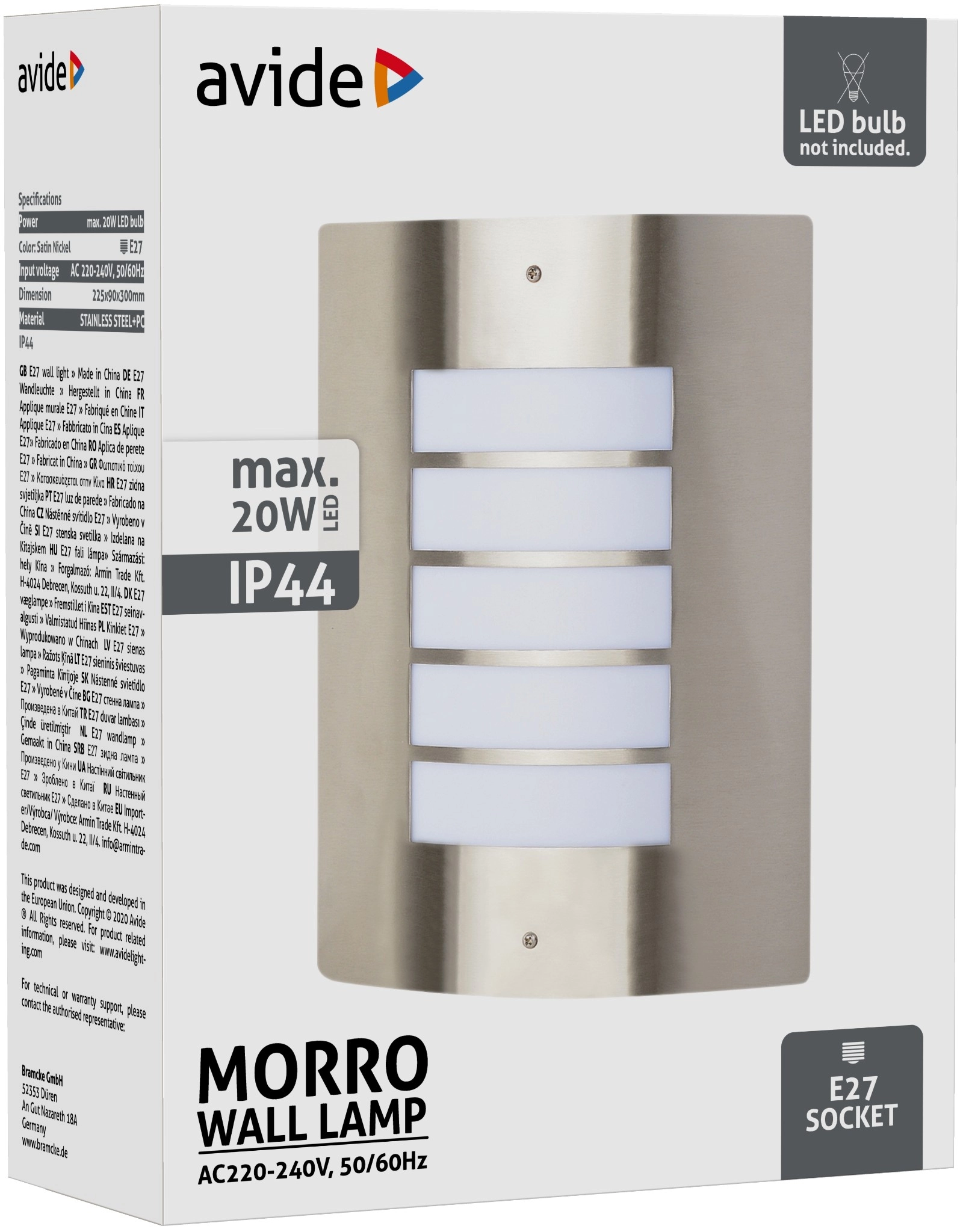 Avide kültéri fali lámpa Morro 1xE27 IP44 Szatén Nikkel