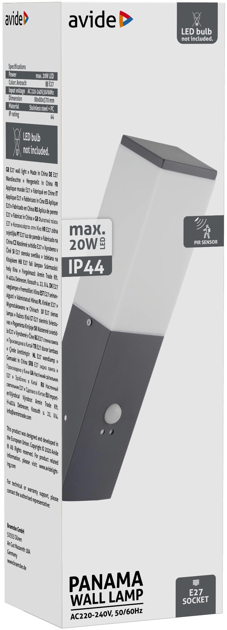 Avide kültéri fali lámpa Panama 1xE27 PIR IP44 Antracit