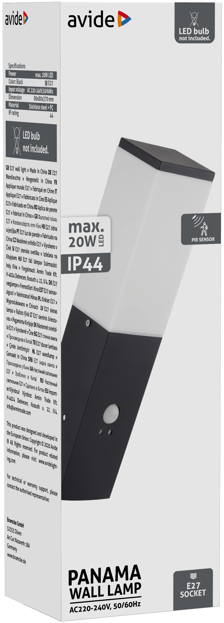 Avide kültéri fali lámpa Panama 1xE27 PIR IP44 Fekete