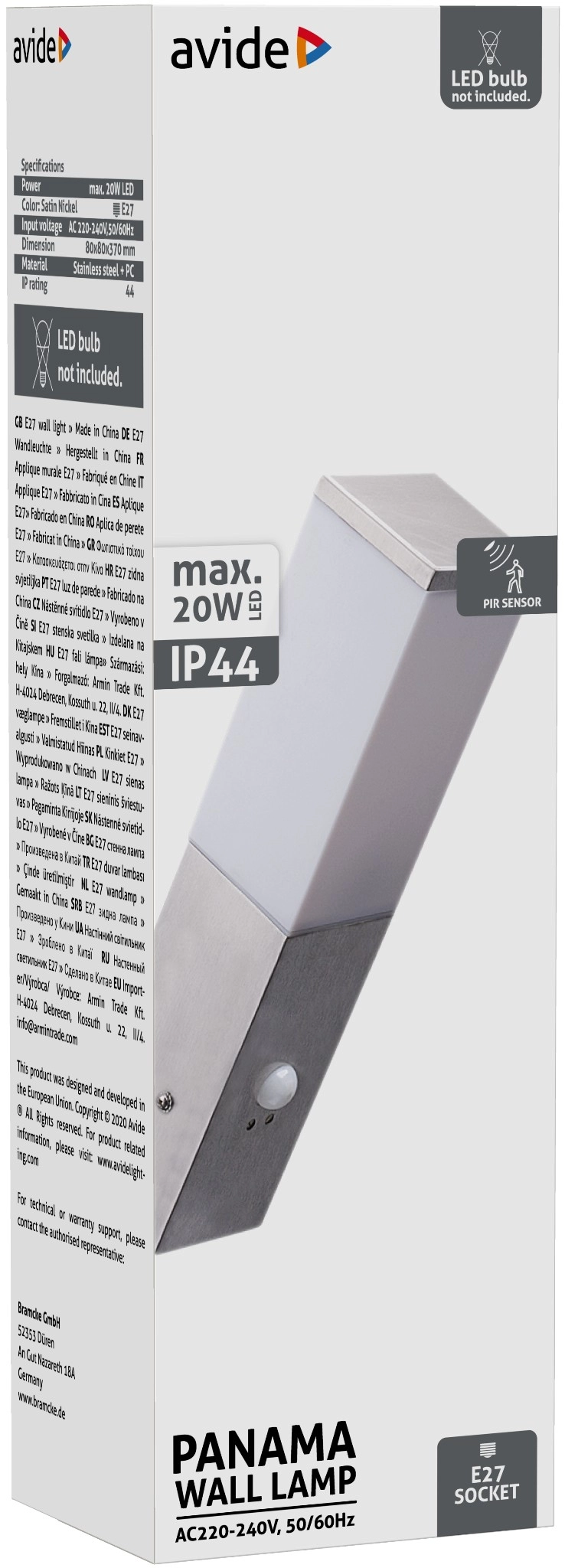 Avide kültéri fali lámpa Panama 1xE27 PIR IP44 Szatén Nikkel