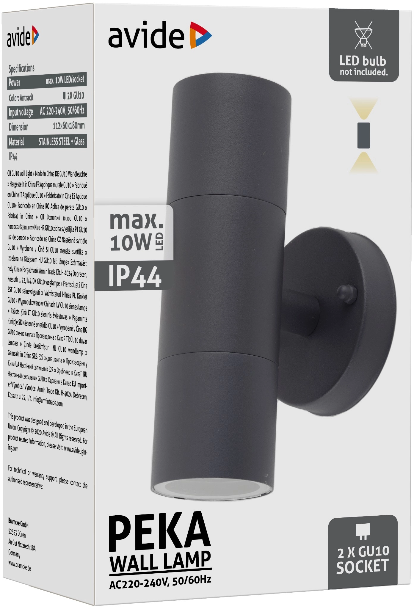 Avide kültéri fali lámpa Peka 2xGU10 IP44 Antracit