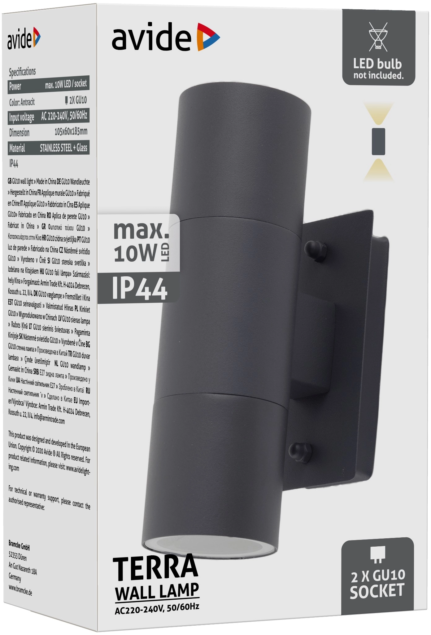 Avide kültéri fali lámpa Terra 2xGU10 IP44 Antracit