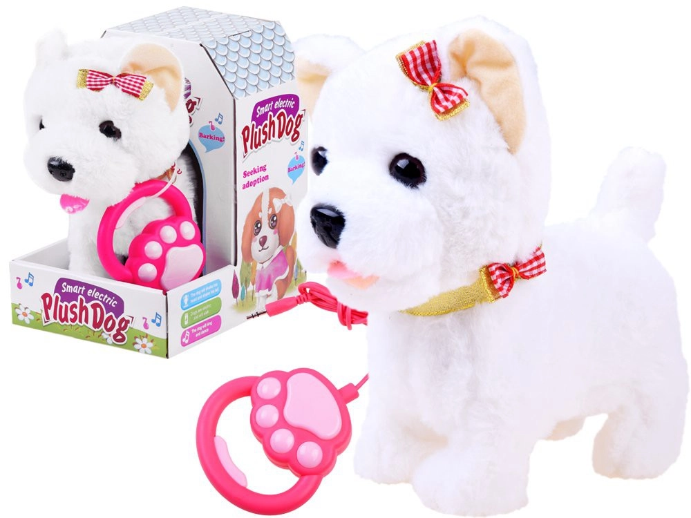 Interaktív plüss kutya pórázzal fehér színben, piros masnival