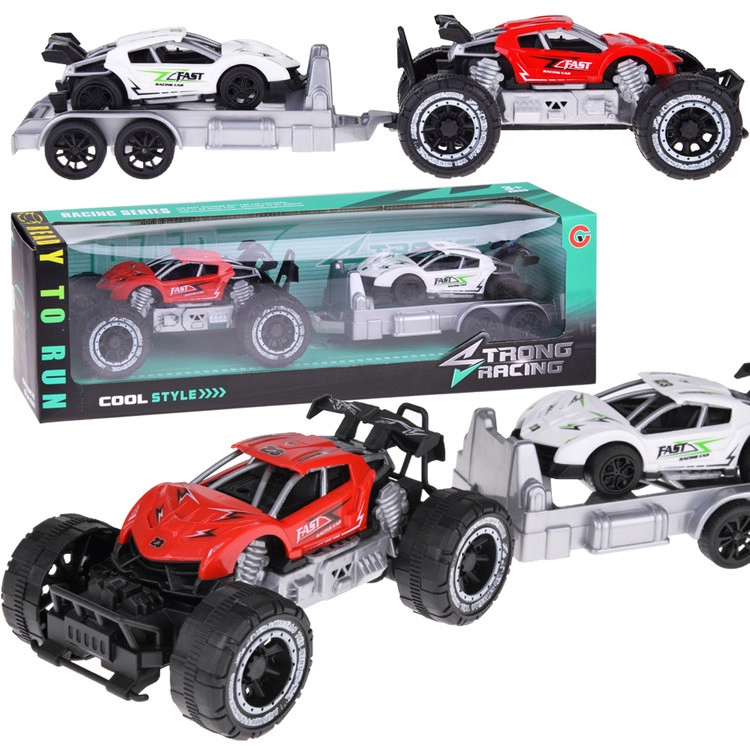 Utánfutós piros terepjáró, fehér sportkocsival