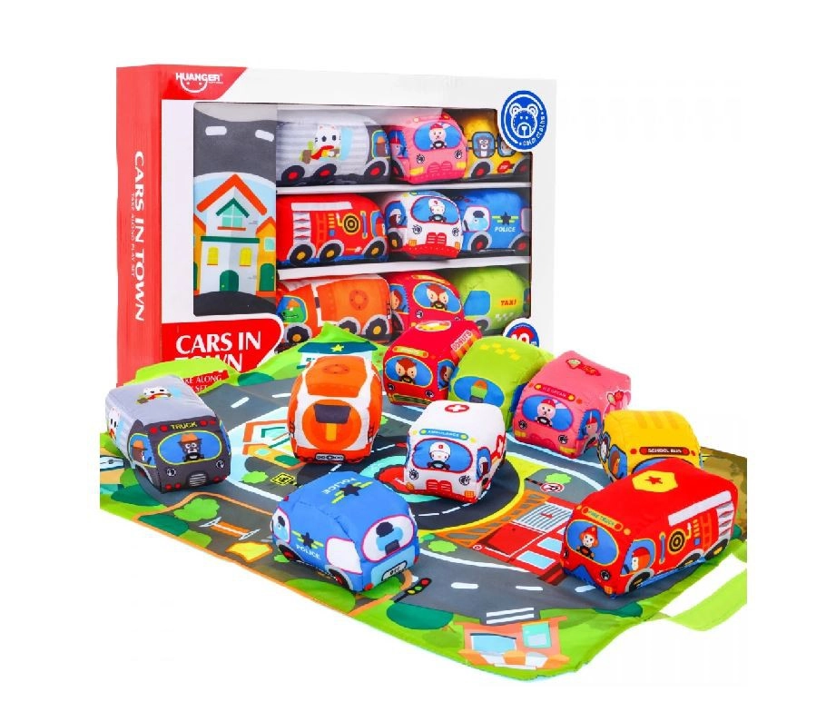 Színes játszó szőnyeg plüss autókkal  49,5 cm x 37 cm,