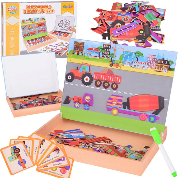 2 az 1-ben mágneses kirakó és filctábla – Építőipari járművek