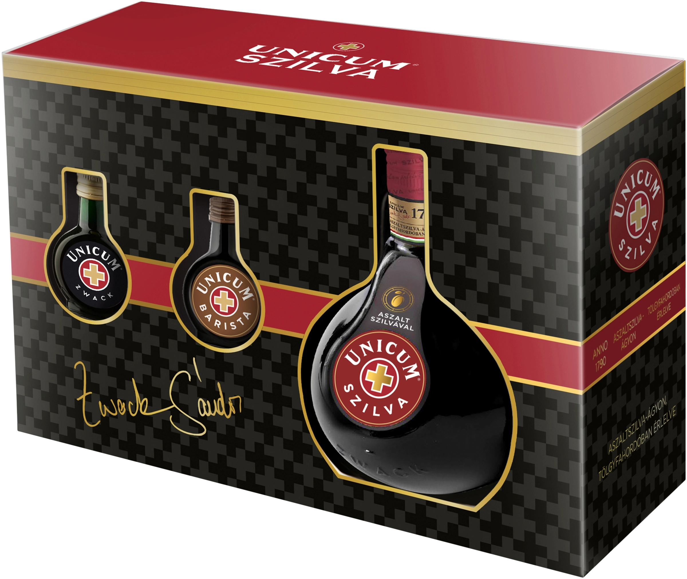 Zwack Unicum Szilva 34,5% 0,7 l + Unicum 40% 0,04 l + Unicum Barista 34,5% 0,04l Díszdobozban