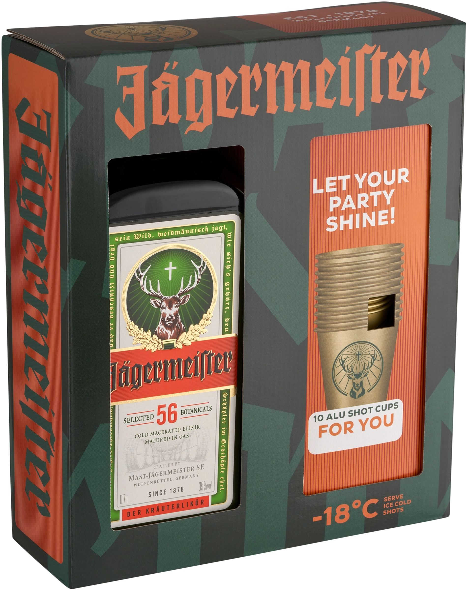 JAGERMEISTER 35% DÍSZDOBOZ 10DB ALU.POHÁRRAL ÜV DRS 0.7L