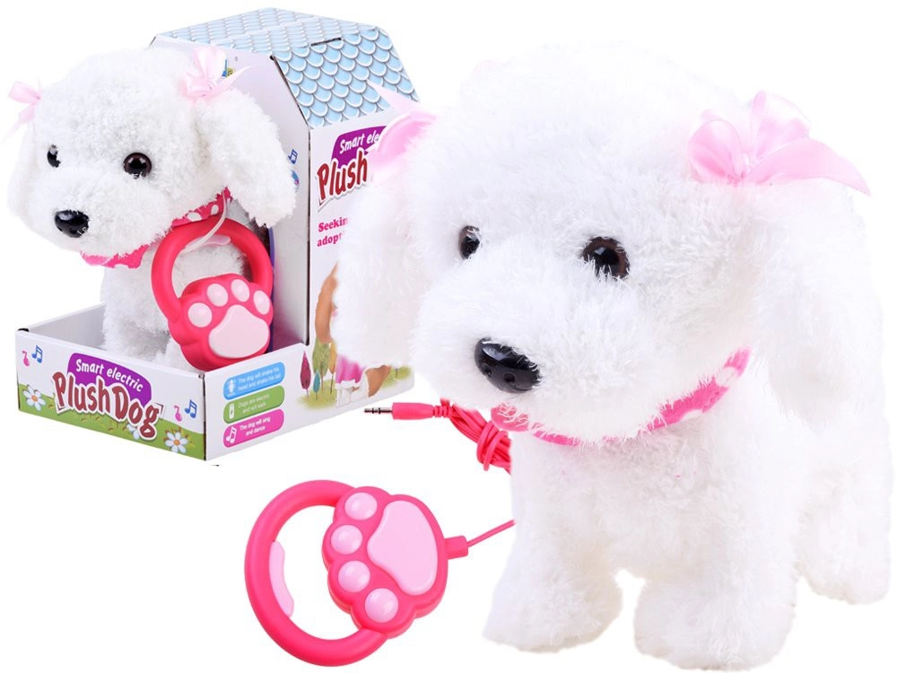 Interaktív plüss kutya pórázzal fehér színben