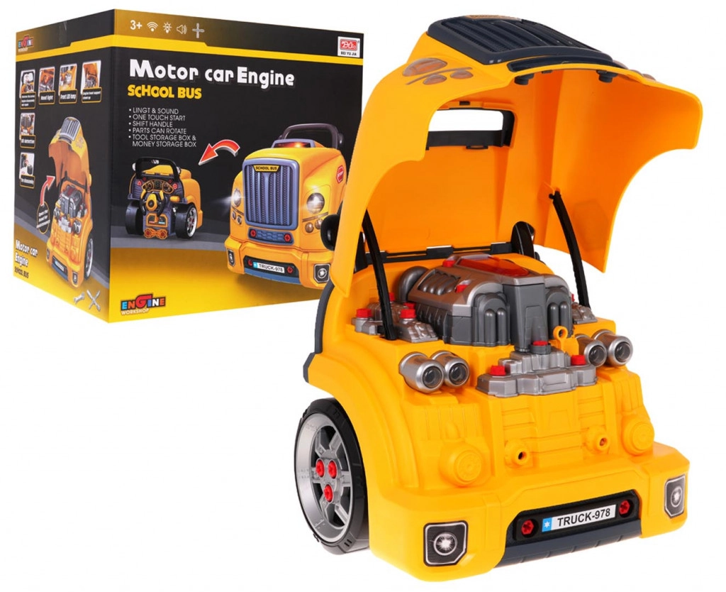 Interaktív teherautó emelhető motorháztetővel és műszerfallal – sárga