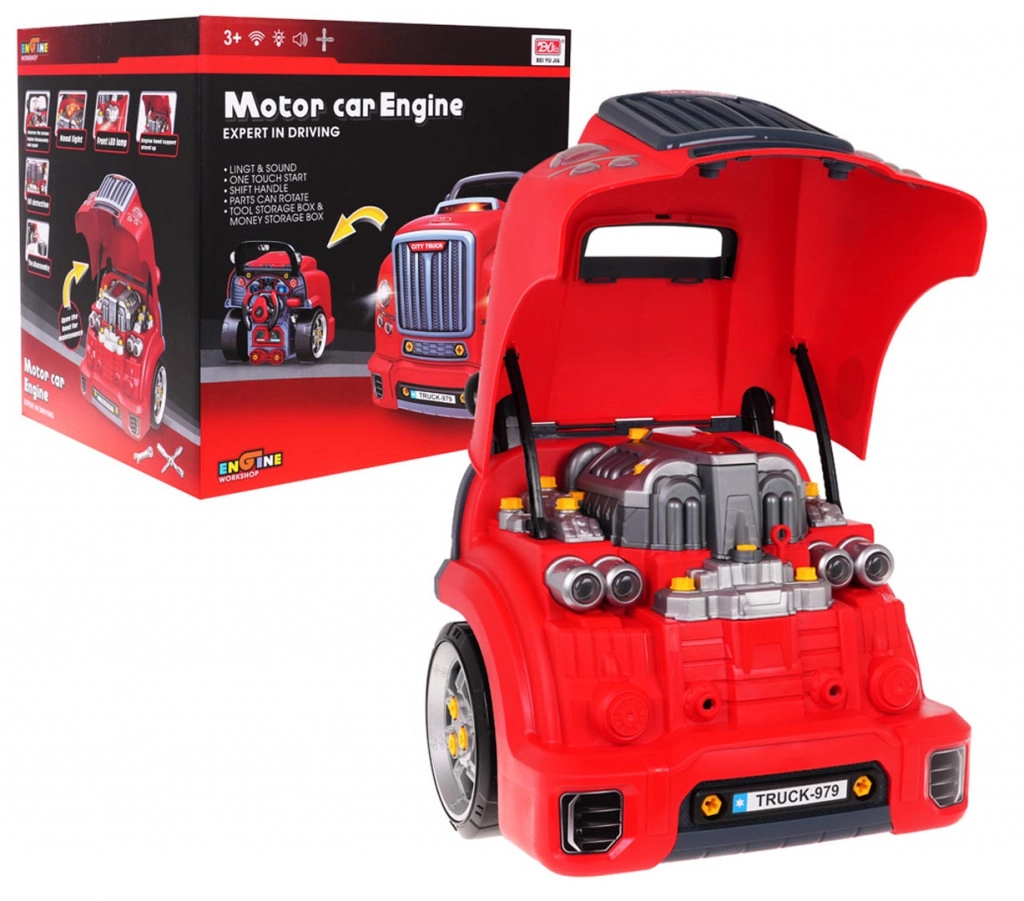 Interaktív teherautó emelhető motorháztetővel és műszerfallal – piros