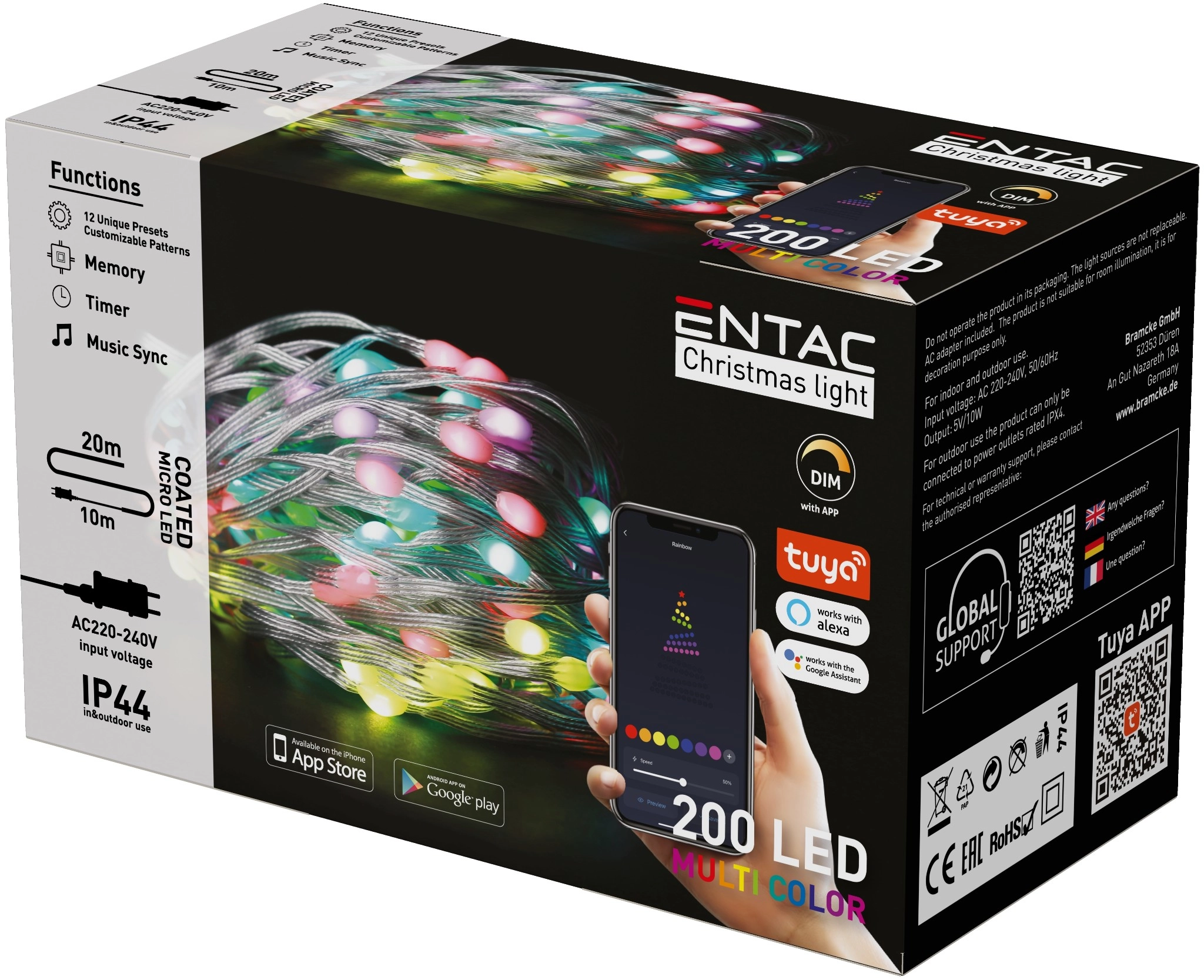 Entac Karácsonyi IP44 200 LED Füzér MC Tuya APP ECL-M200-TY-MC