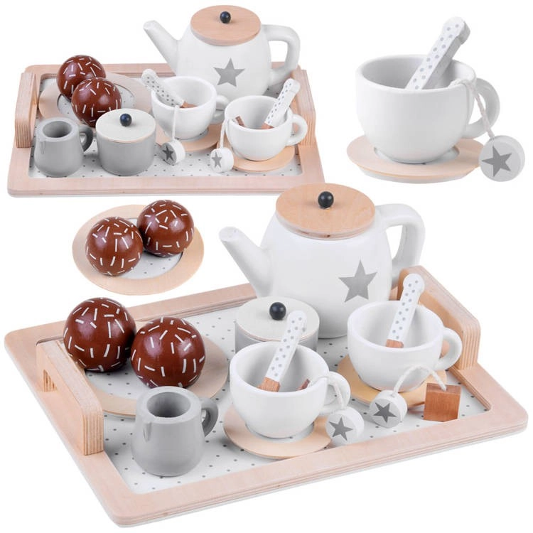 Kétszemélyes fa teáskészlet csészékkel, kancsóval, süteménnyel, tálcával