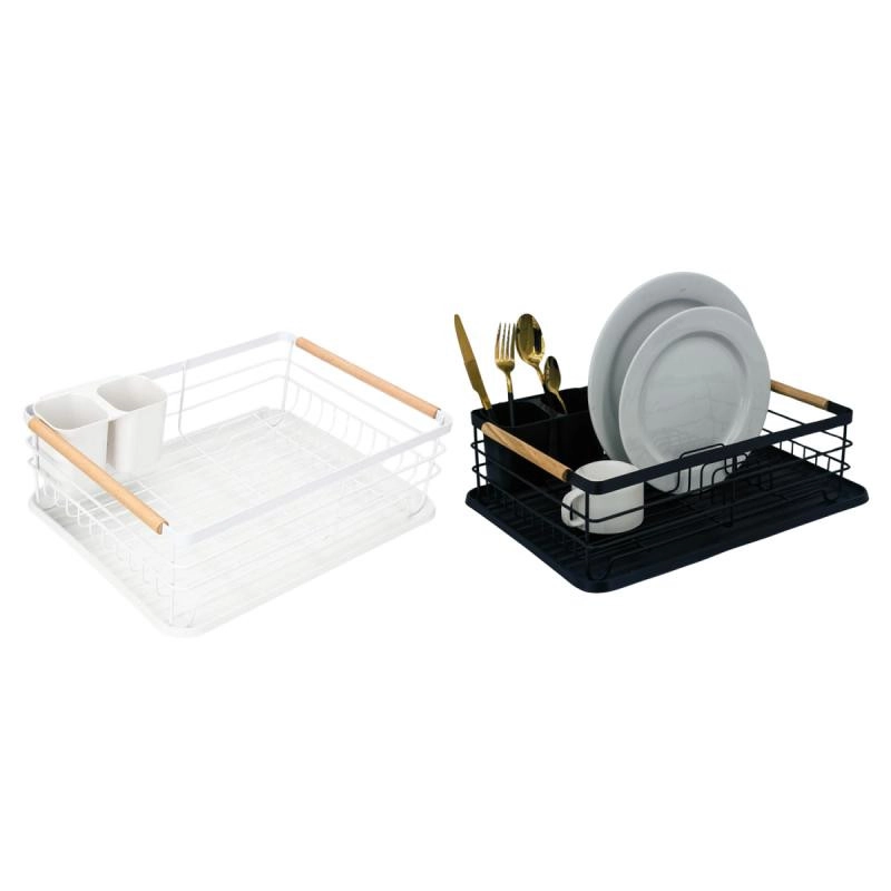 Fekete fém edénycsepegtető tálca evőeszköztartóval 39 x 28 x 12,5 cm