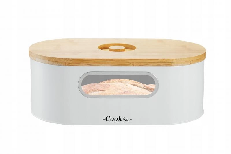 Fehér zománcozott kenyértároló doboz bambusz vágódeszka fedéllel, kis ablakkal,