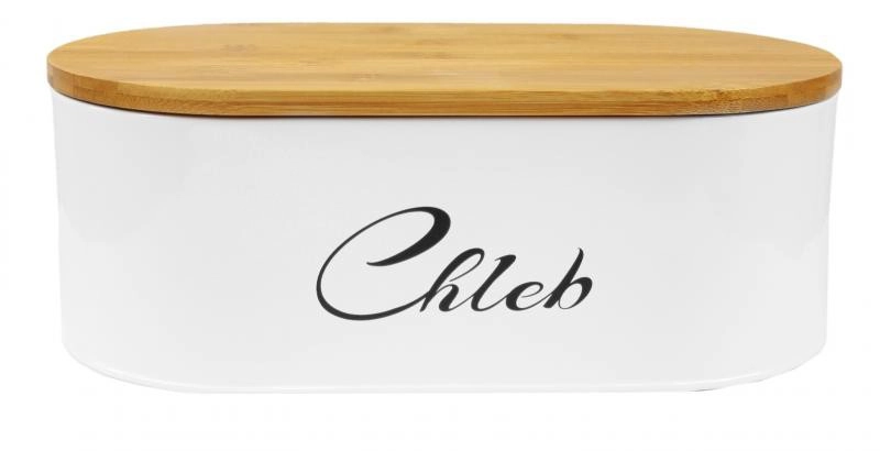 Fehér zománcozott kenyértároló doboz bambusz vágódeszka fedéllel