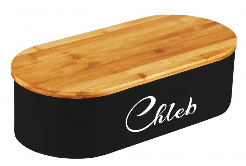 Fekete zománcozott kenyértároló doboz bambusz vágódeszka fedéllel