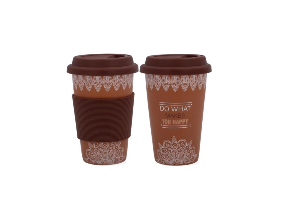 Porcelán utazó kávés pohár, szilikonos fogórésszel- 390ml -barna