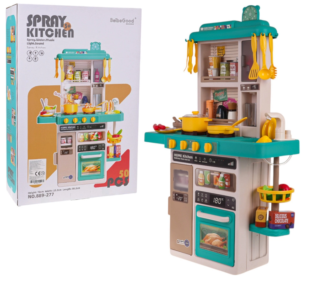 Interaktív konyha fénnyel, hanggal és realisztikus csappal, valamint számos kiegészítővel – kék – 50 darabos