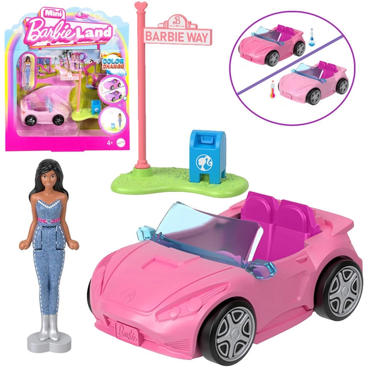 Mattel Mini Barbie Land baba sofőrrel és színváltós autóval