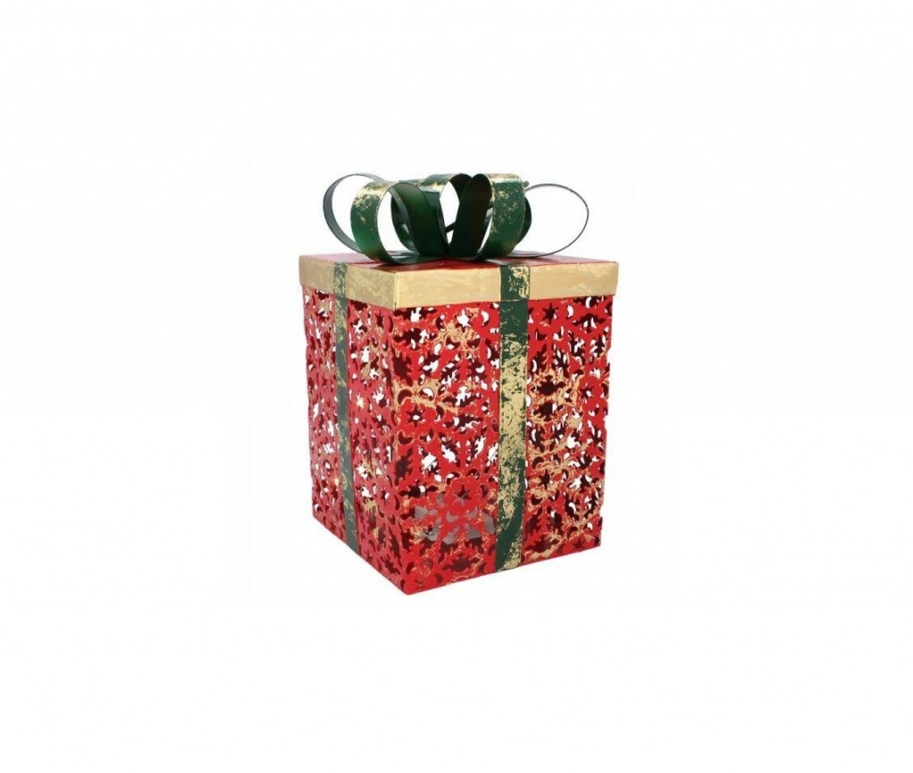 Karácsonyi ajándék, fém LED, piros, áttört, zöld masni, 16x26cm