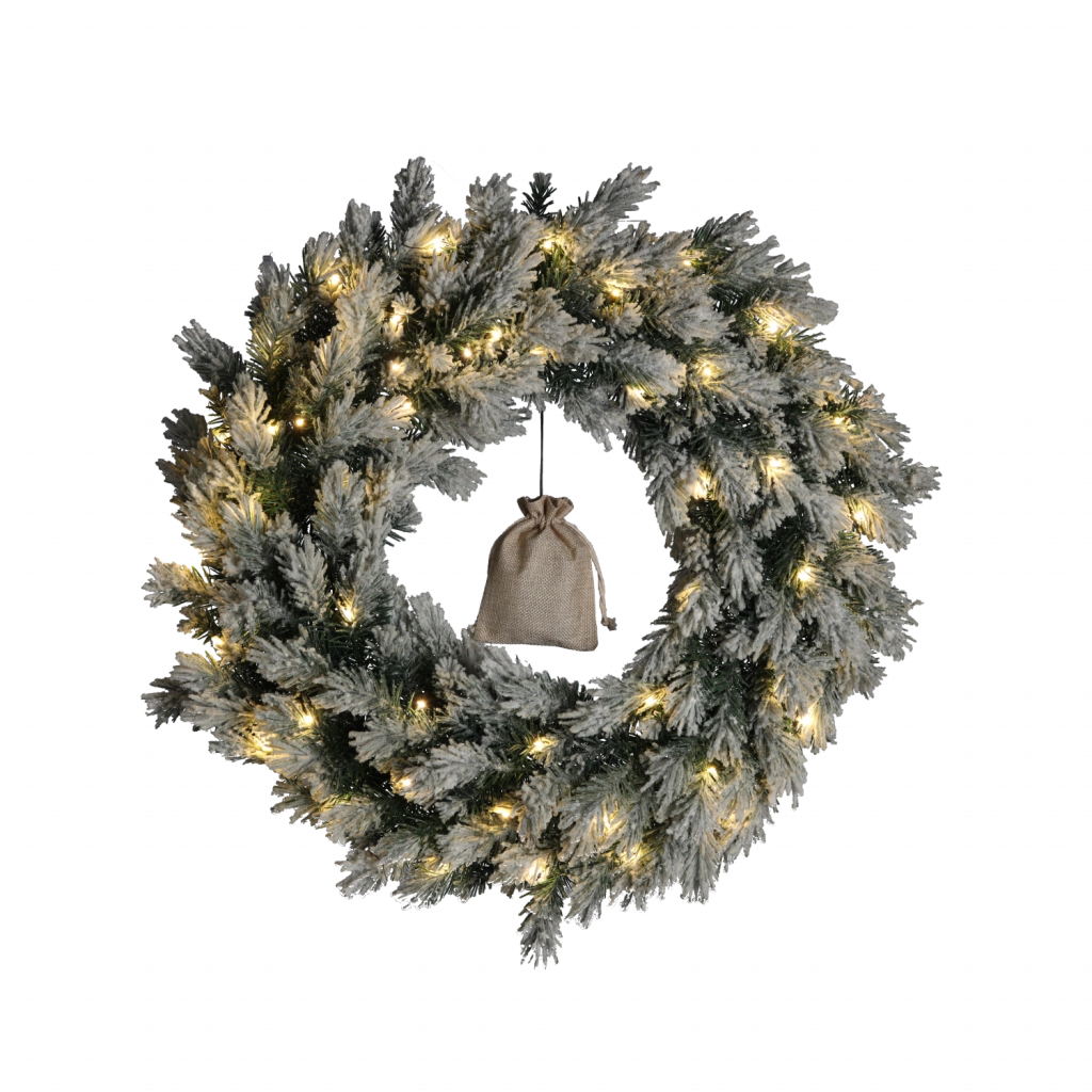 Karácsonyi koszorú 60 cm – havas fenyőágakkal és led fényekkel